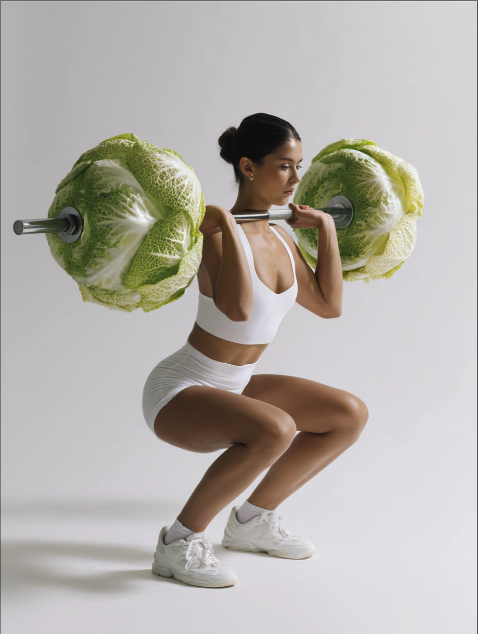 A woman in a white sports bra and shorts performing a squat with a barbell loaded with large green cabbages on each end.