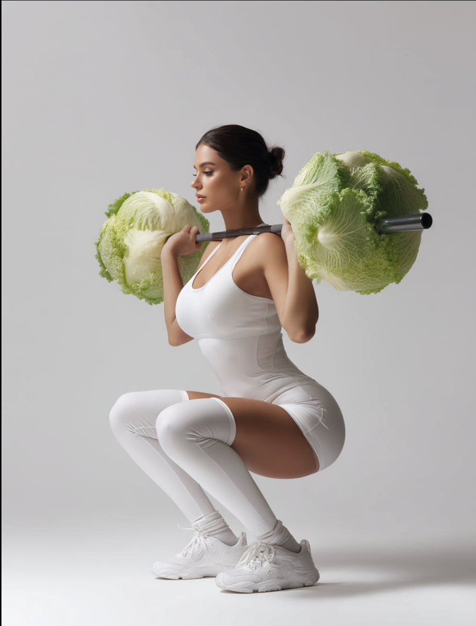 A woman in white athletic wear in a deep squat position holding a barbell loaded with large heads of cabbage instead of weights.