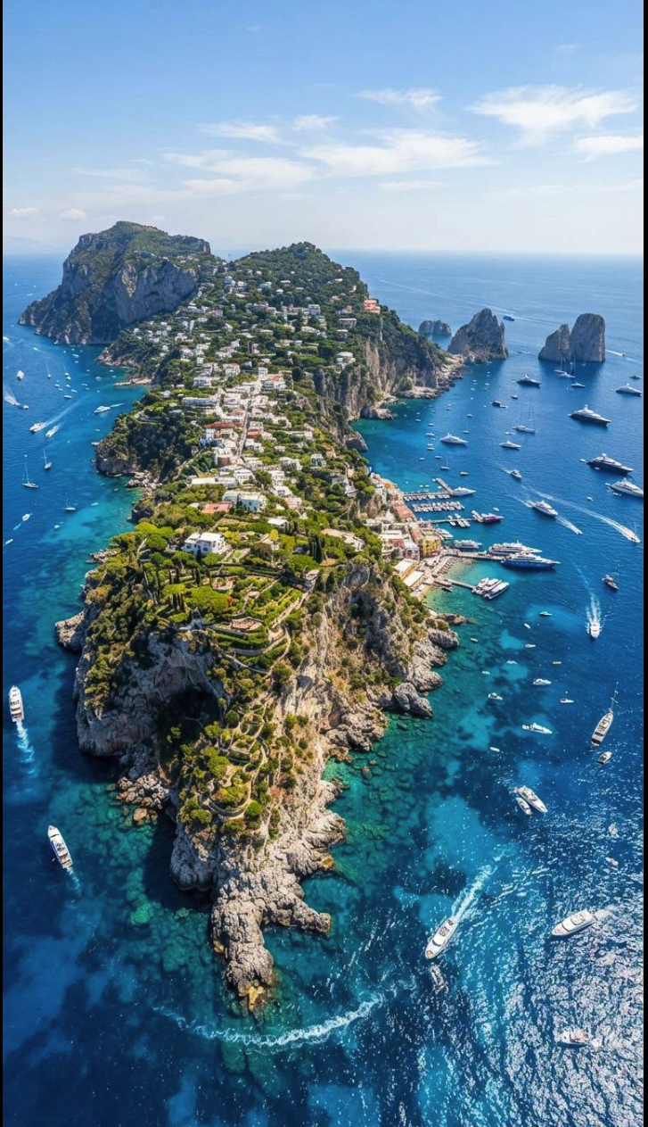 An aerial view of the island of Capri with turquoise waters, hillside villas, a marina full of boats, and the Faraglioni rock formations.