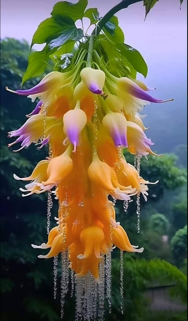A cluster of yellow-orange flowers with purple tips cascading downward, with green leaves above.