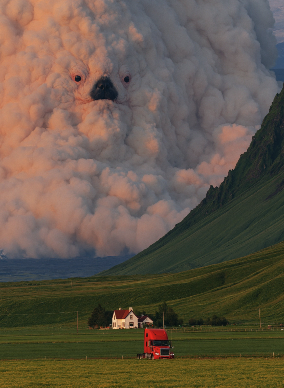 A massive smoke cloud shaped like a cat's face rising above green hills, with a white house and red truck in the foreground.