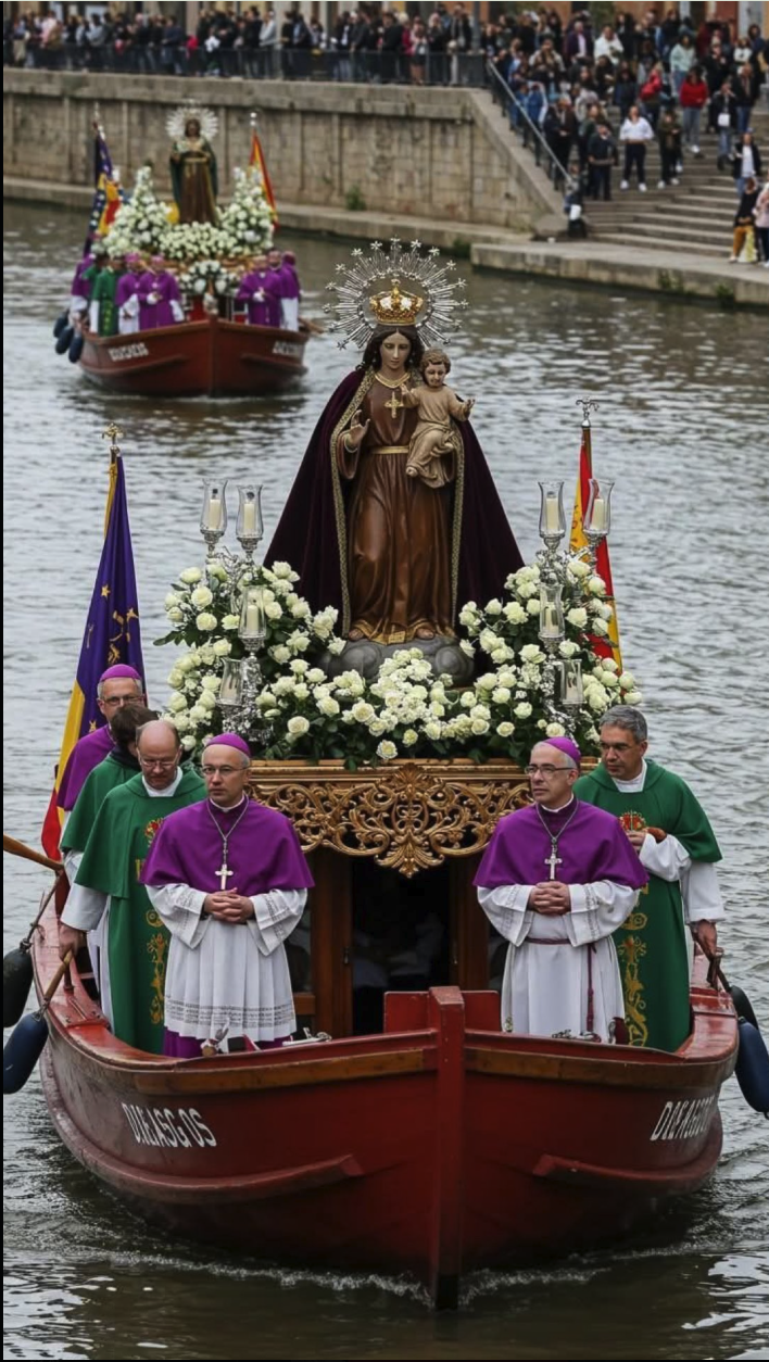 A religious procession on the water featuring a statue of the Virgin Mary holding the Christ child, surrounded by clergy in purple and green vestments aboard wooden boats.
