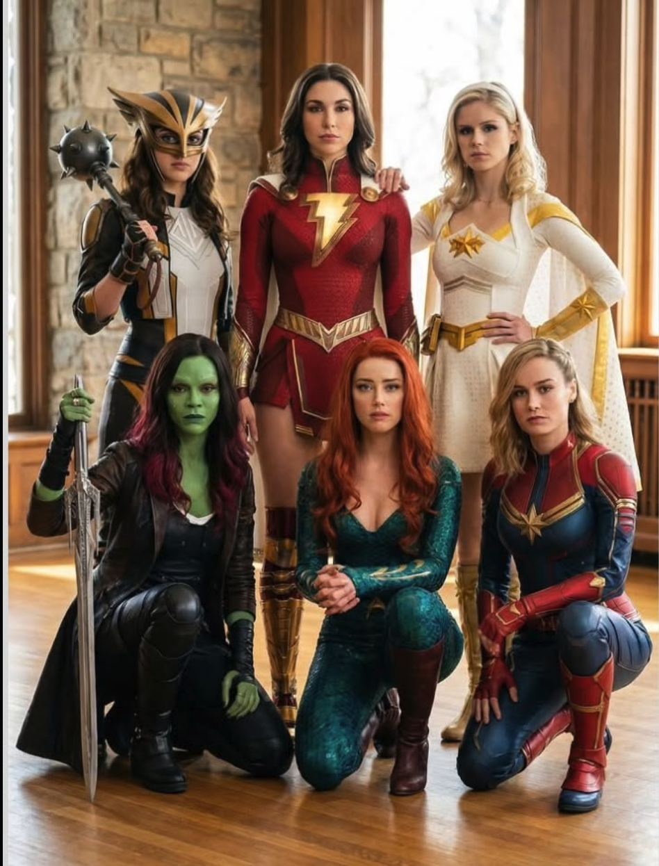 Six women, including figures resembling Brie Larson, Zoe Saldana, Amber Heard, Erin Moriarty, and Sarah Carter, posed in superhero costumes.