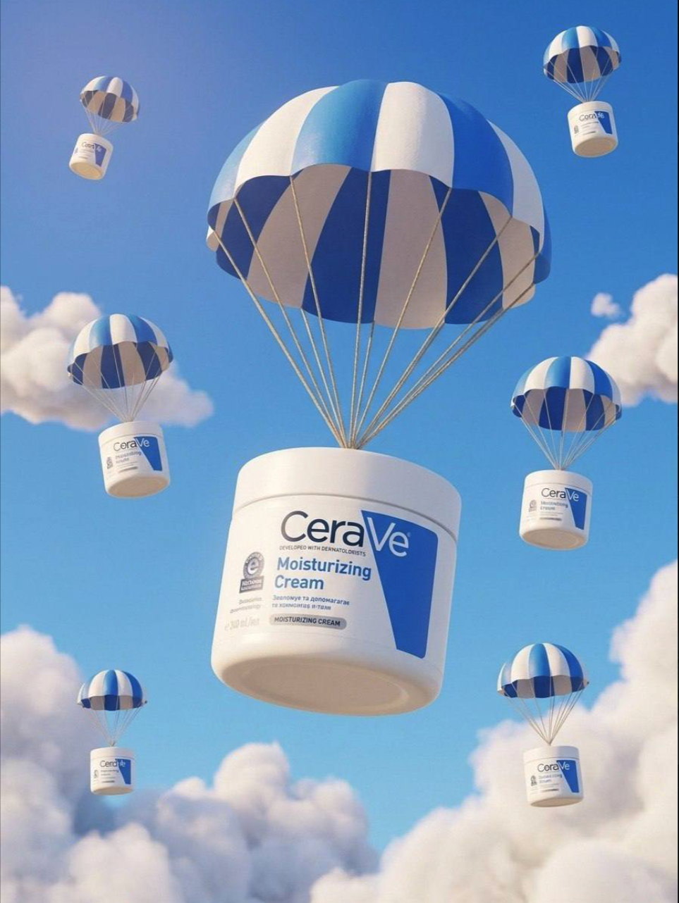 Multiple CeraVe moisturizing cream jars descending with blue-and-white striped parachutes against a partly cloudy blue sky.