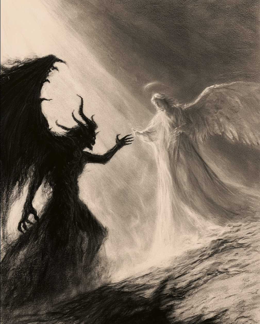 A charcoal-style artwork showing a dark winged demon on the left reaching toward a luminous winged angel on the right.