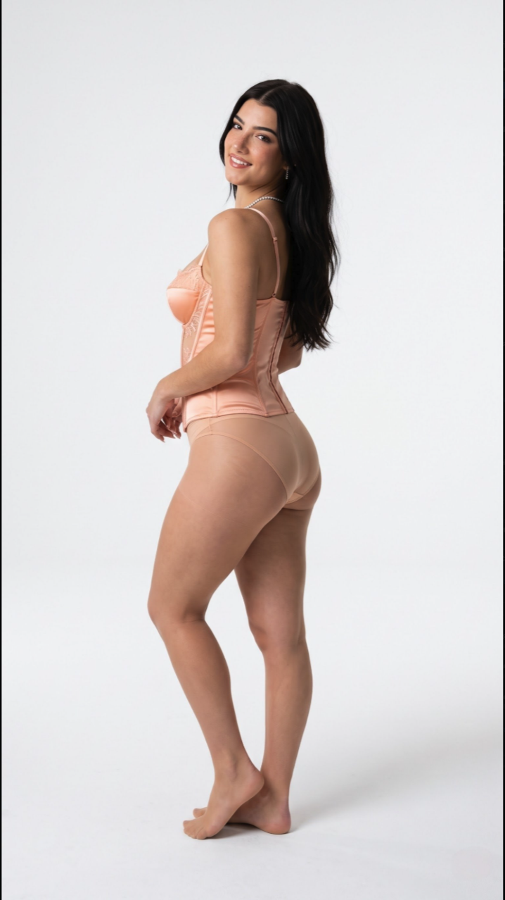 A young woman resembling Charli D'Amelio posing in a peach-colored corset top and matching underwear against a white background.
