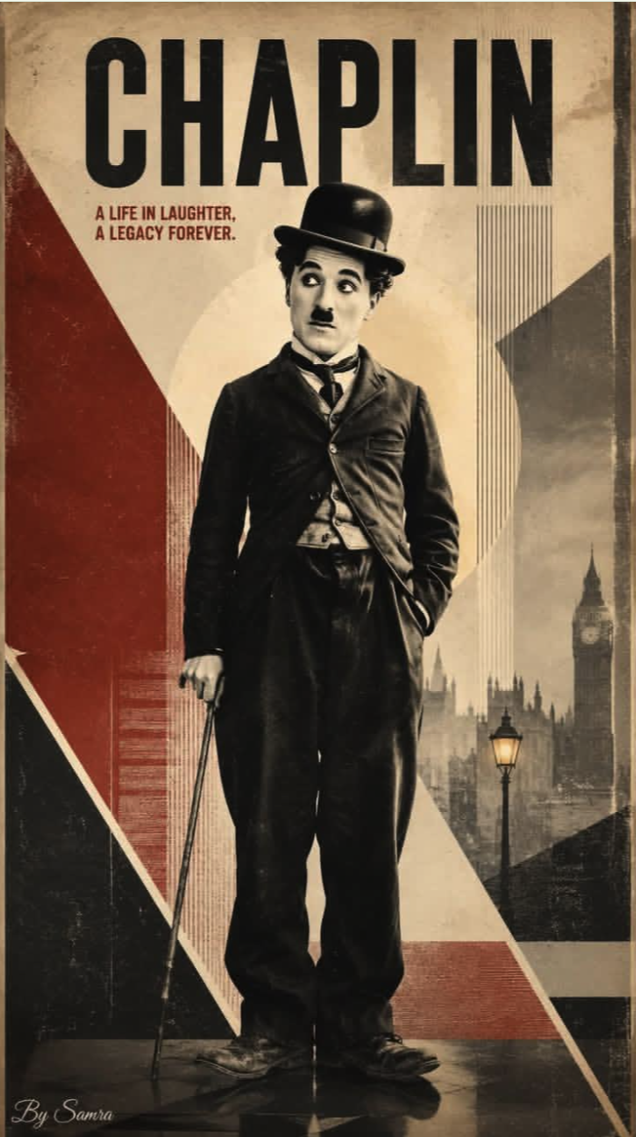 A vintage-style poster showing a man resembling Charlie Chaplin in his Tramp costume, with Big Ben in the background.