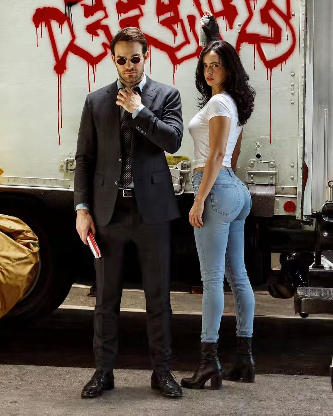 A man resembling Charlie Cox and a woman resembling Krysten Ritter standing in front of a truck bearing red 'Daredevil' graffiti.