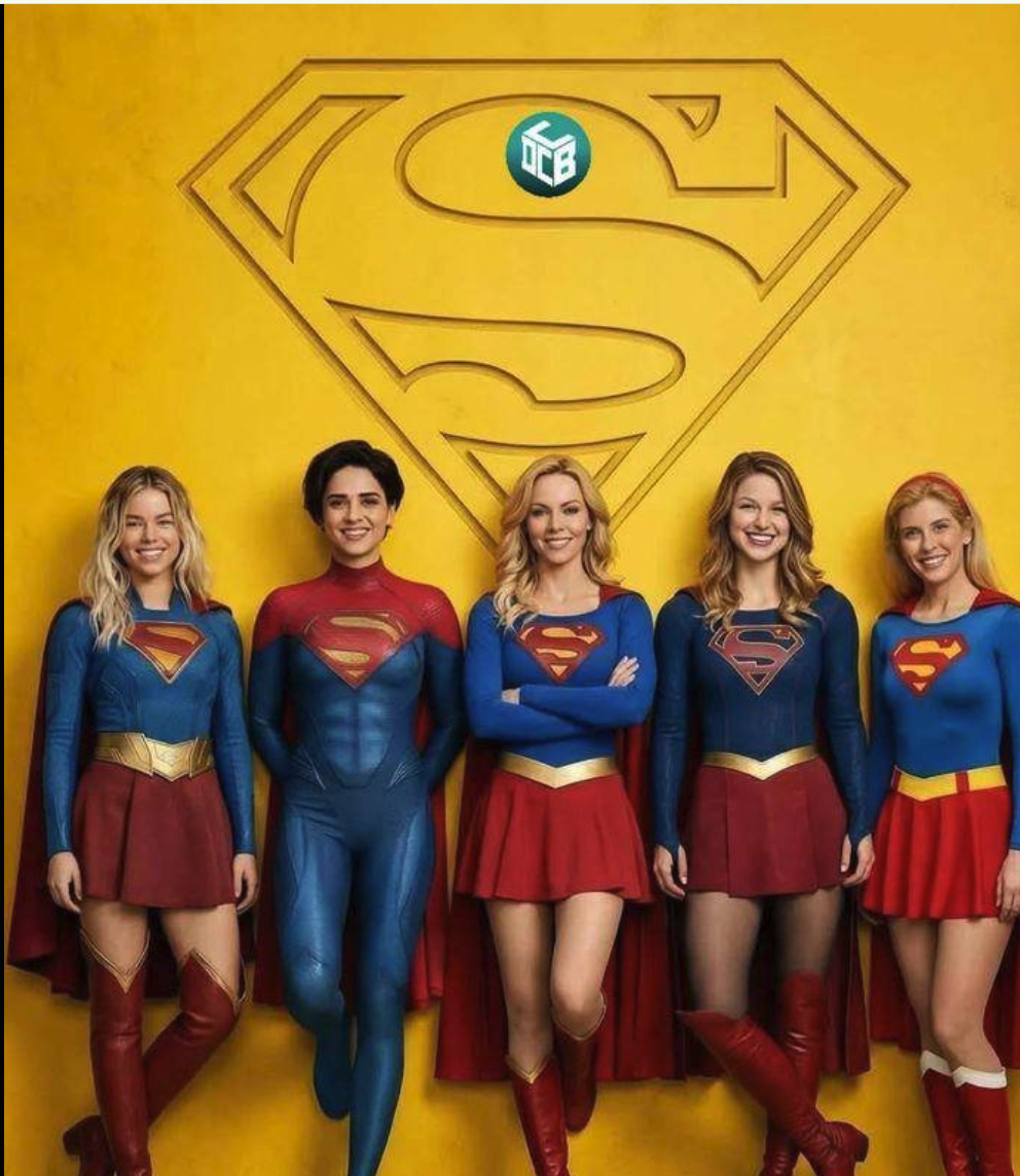 Five women resembling Charlize Theron, Helen Slater, Brittany Binger, and Melissa Benoist in Supergirl costumes.