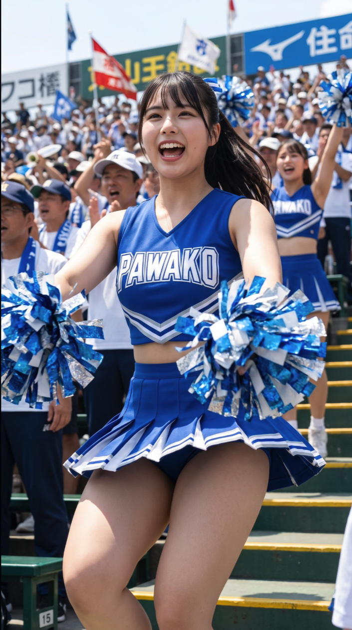 A young woman in a blue cheerleader uniform reading 'PAWAKO' holding blue pom-poms at an outdoor sporting event in Japan.