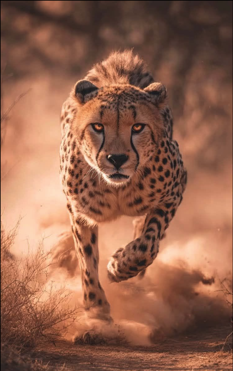 A cheetah running forward through a dusty, arid landscape with warm orange light and sparse dry vegetation.