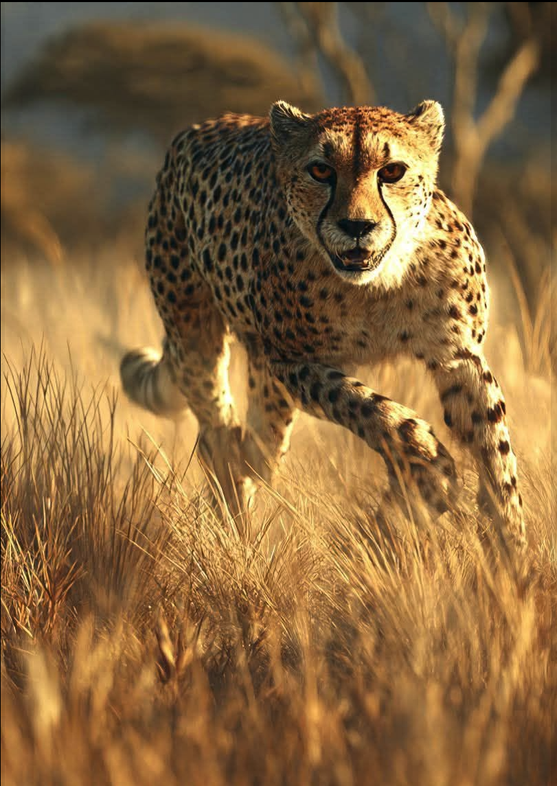 An AI-generated cheetah running through tall golden grass on the savanna.