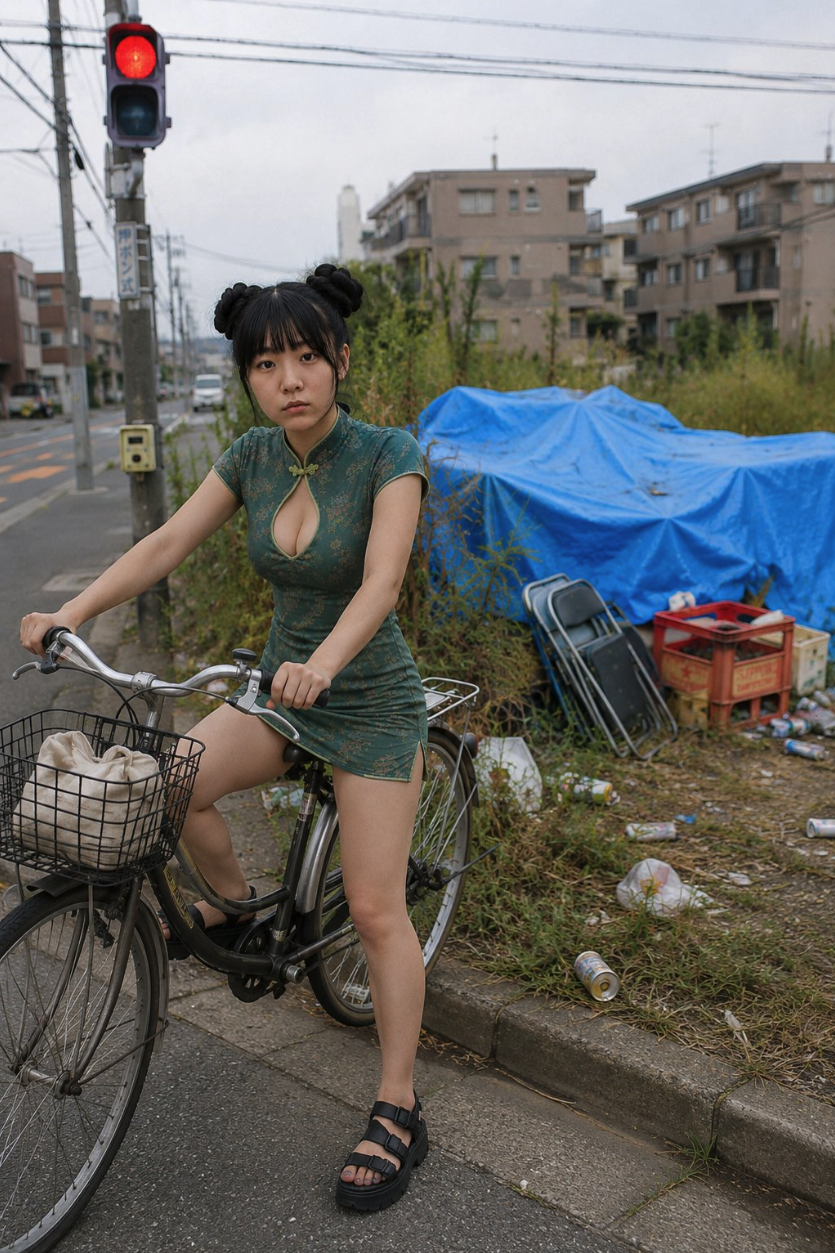 A woman with her hair in two buns wearing a green cheongsam-style dress, posing on a bicycle on an urban street.