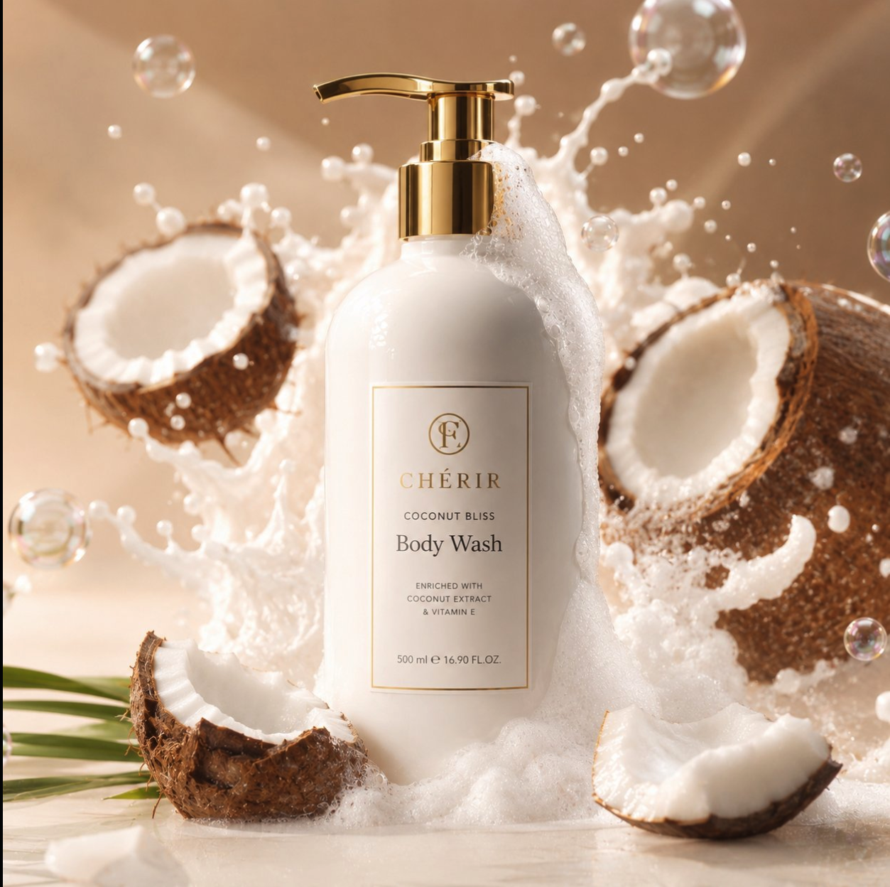 A white bottle of CHÉRIR Coconut Bliss Body Wash with a gold pump, surrounded by coconut halves, foam, and bubbles.