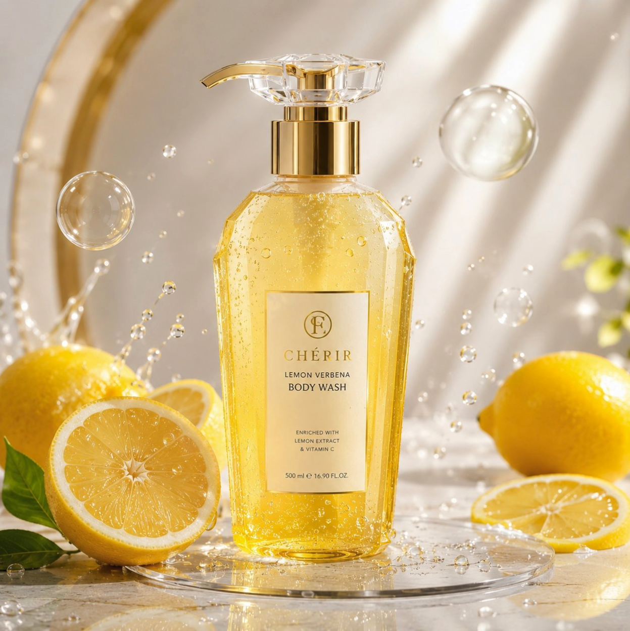 A faceted bottle of CHÉRIR Lemon Verbena Body Wash on a glass plate, surrounded by whole and sliced lemons and water droplets.