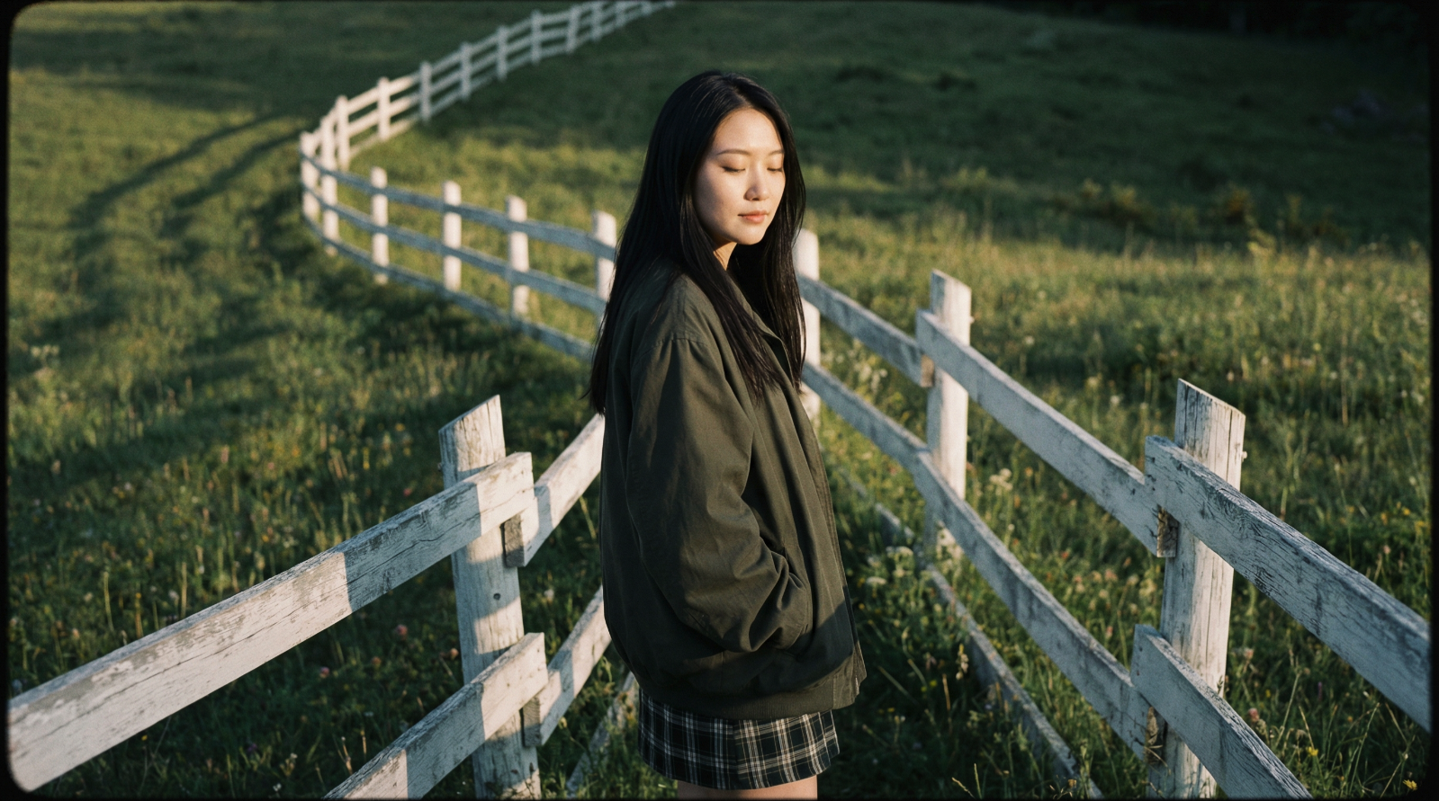 A woman resembling Cherrie Ying standing beside a weathered white wooden fence in a sunlit grassy field.