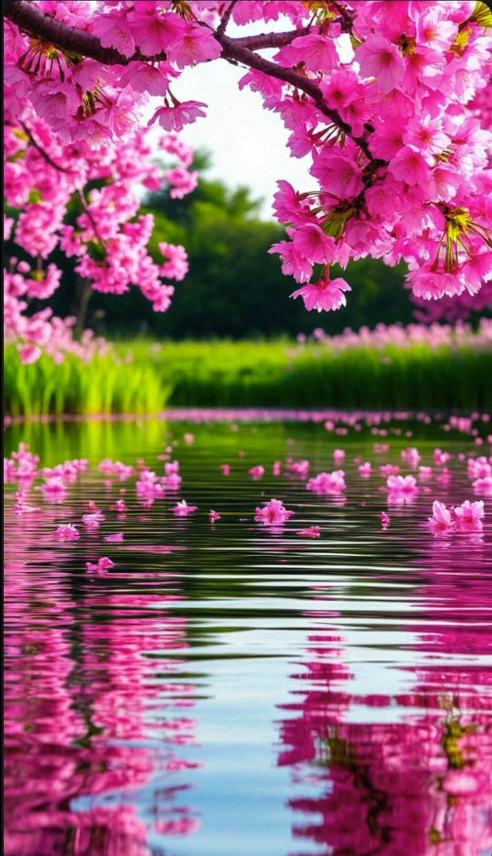 Pink cherry blossoms on overhanging branches above a calm lake with green foliage reflected in the water.