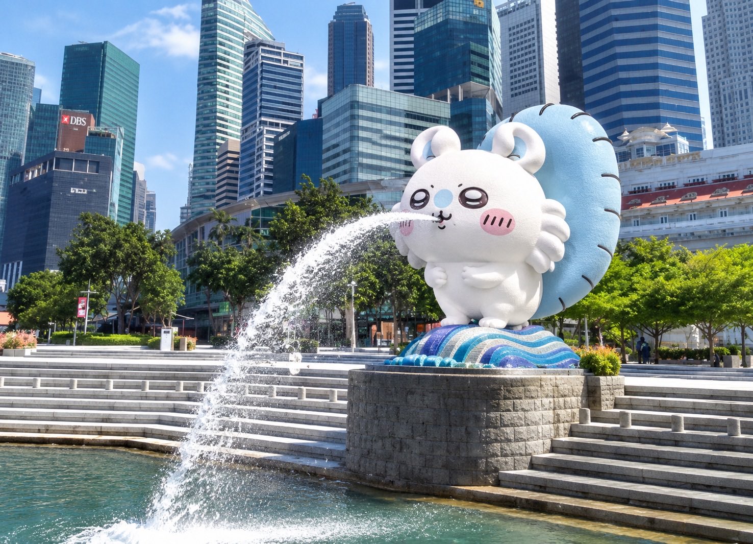 A cartoon white mascot with a blue shell squirting water from its face in a stepped plaza backed by glass skyscrapers.