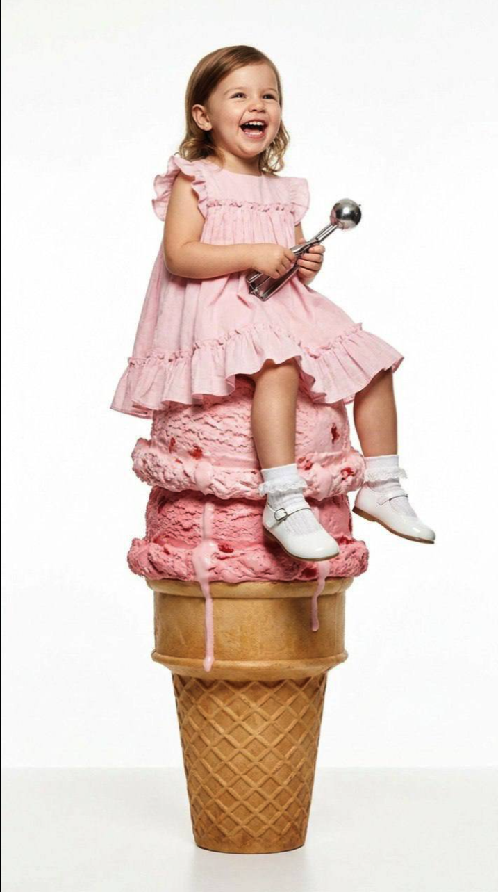 A young child in a pink ruffled dress sitting on a large pink ice cream cone prop and holding a metal scoop.