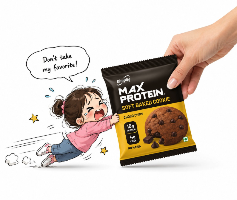 A cartoon-style illustration of a crying child reaching toward a hand holding a packet of RiteBite Max Protein cookie.