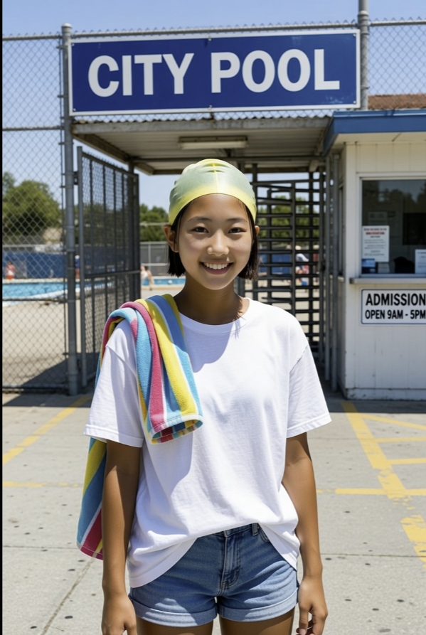 A young woman in a swim cap and white t-shirt standing in front of a 'CITY POOL' sign.