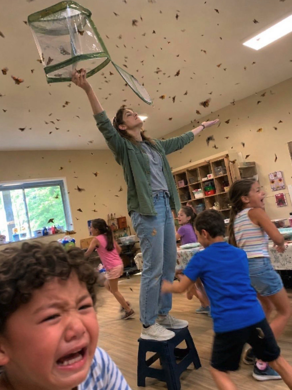 An indoor room filled with flying butterflies, with a person standing on a stool holding up a net while children react.