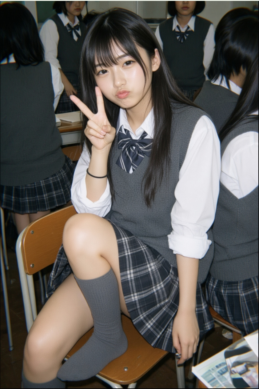 Classroom scene appearing to show a student in a gray-and-plaid uniform making a peace sign.