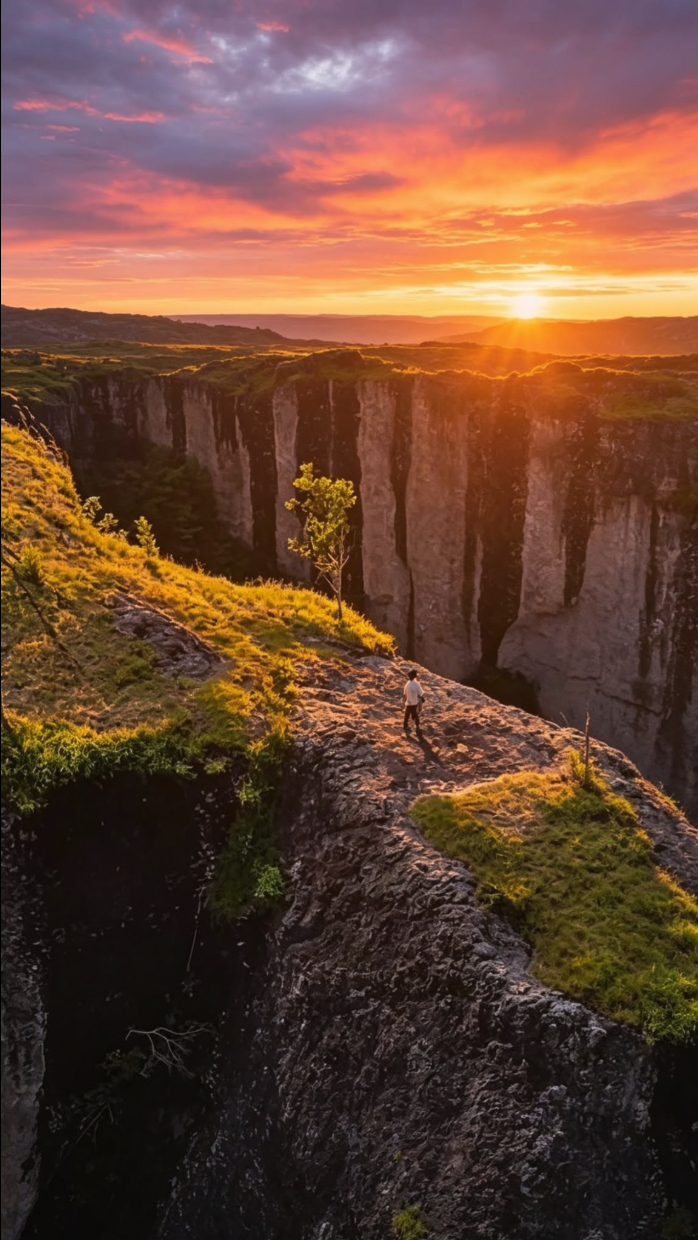 An unidentified person standing on a rocky cliff edge overlooking a deep canyon at sunset under a vivid orange sky.
