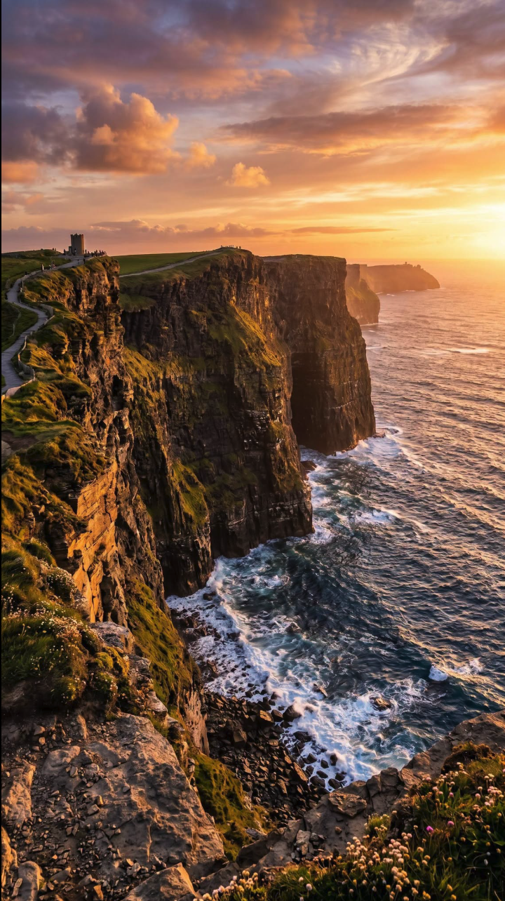 Dramatic coastal cliffs at sunset with waves crashing against the rocks below and a stone tower on the cliff top.