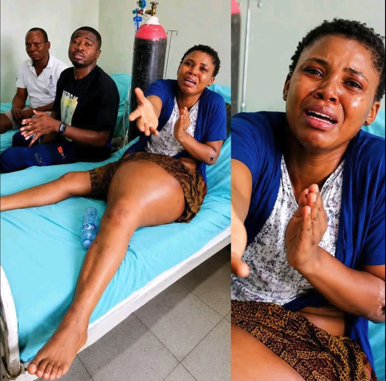 A woman crying and reaching out from a hospital bed, with two men seated beside her and an oxygen cylinder in the background.