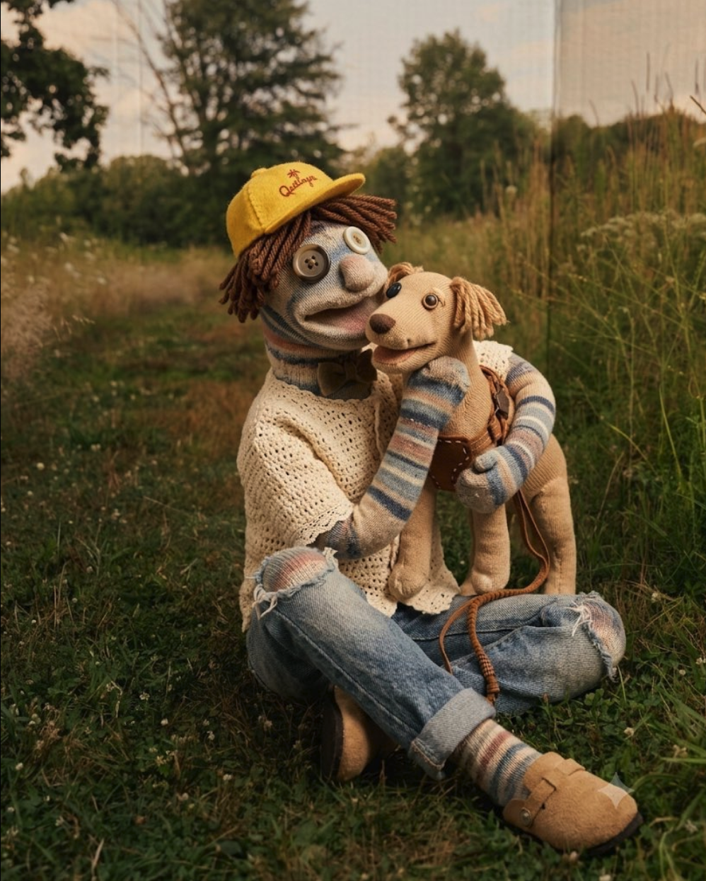 A handmade cloth doll wearing a yellow 'Aloha' cap and ripped jeans, hugging a beige stuffed dog in a grassy field.