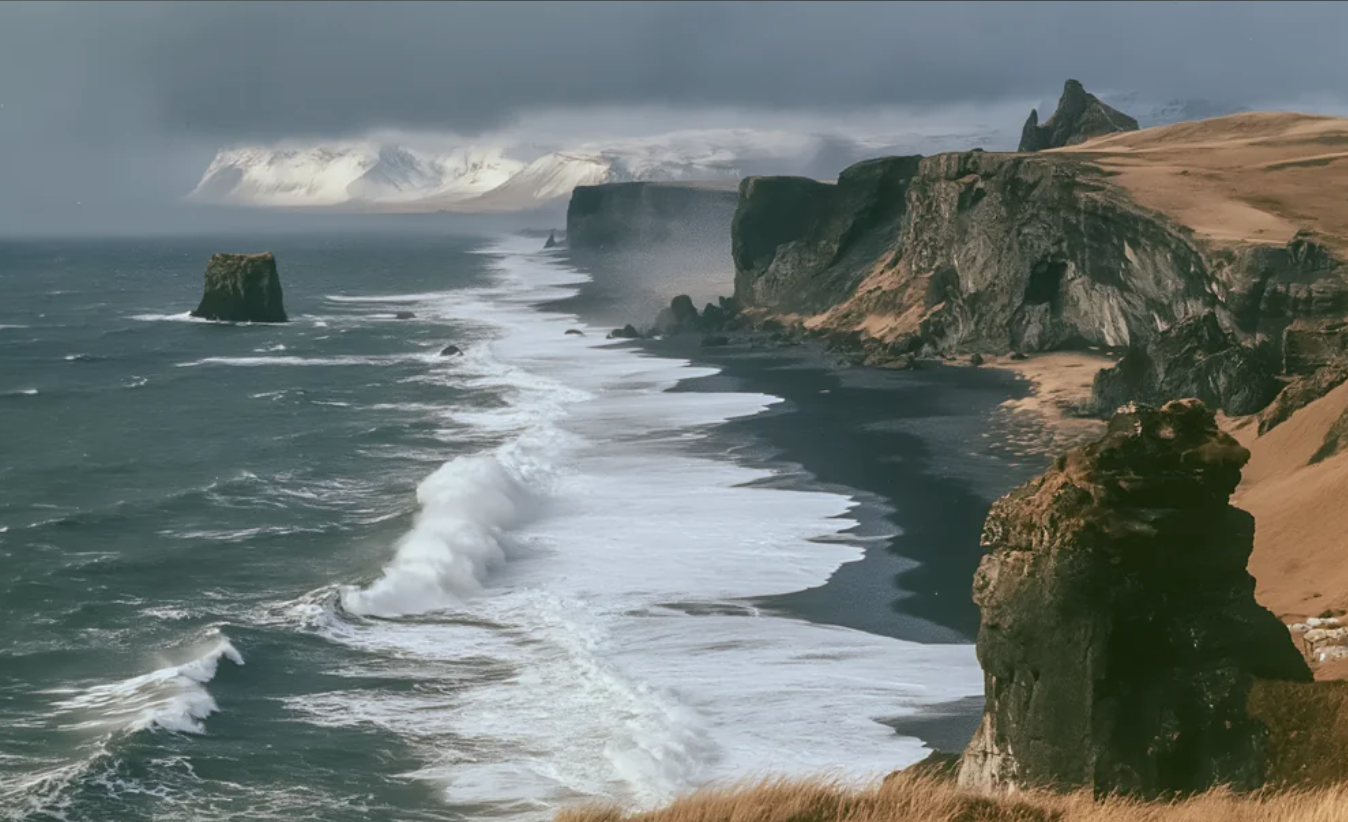 A dramatic coastal scene with a black sand beach, crashing waves, rocky cliffs, sea stacks, and snow-capped mountains in the distance.