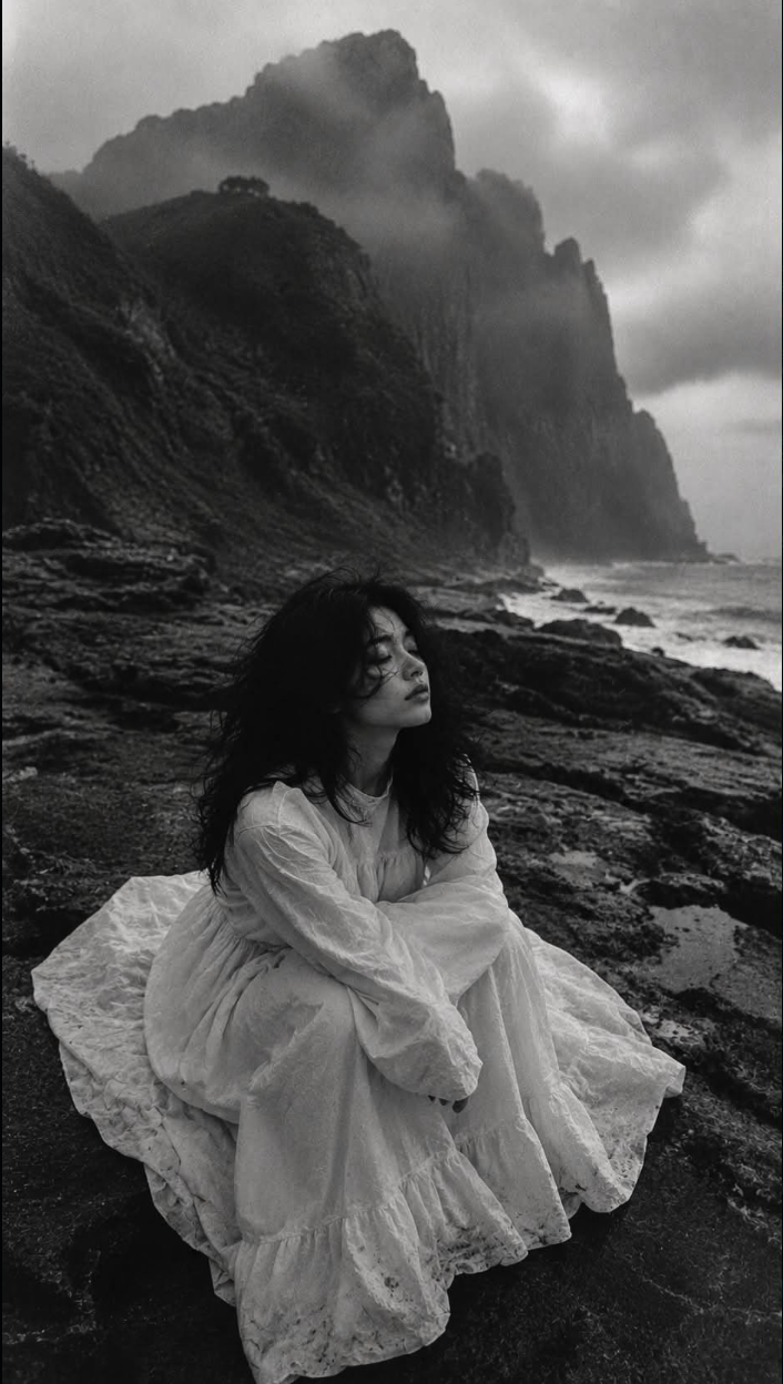 A woman in a flowing white dress seated on rocky coastal terrain with misty cliffs and the sea in the background, eyes closed.