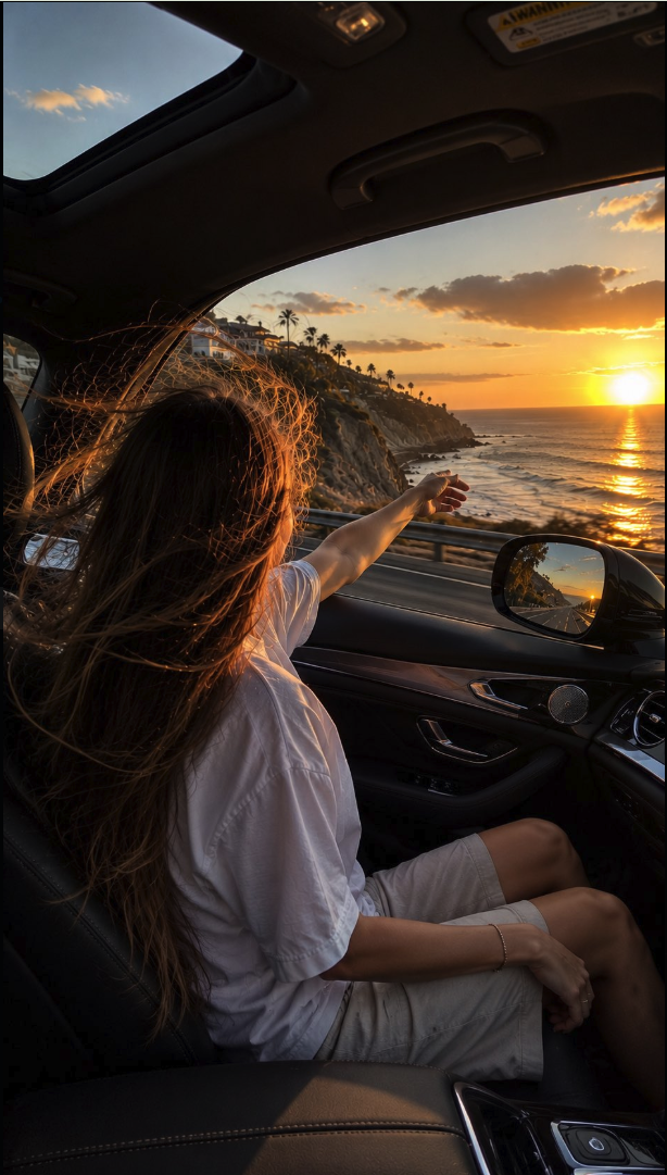 A person seated inside a car, reaching one arm out the open window toward a coastal sunset over the ocean.