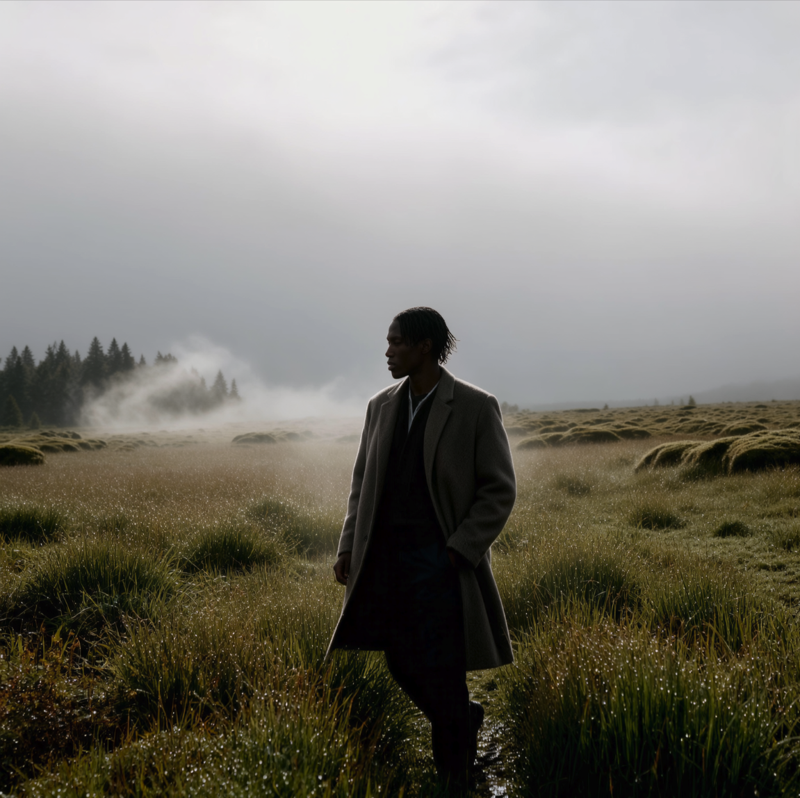 A manstanding in a misty grassy field wearing a long gray coat.