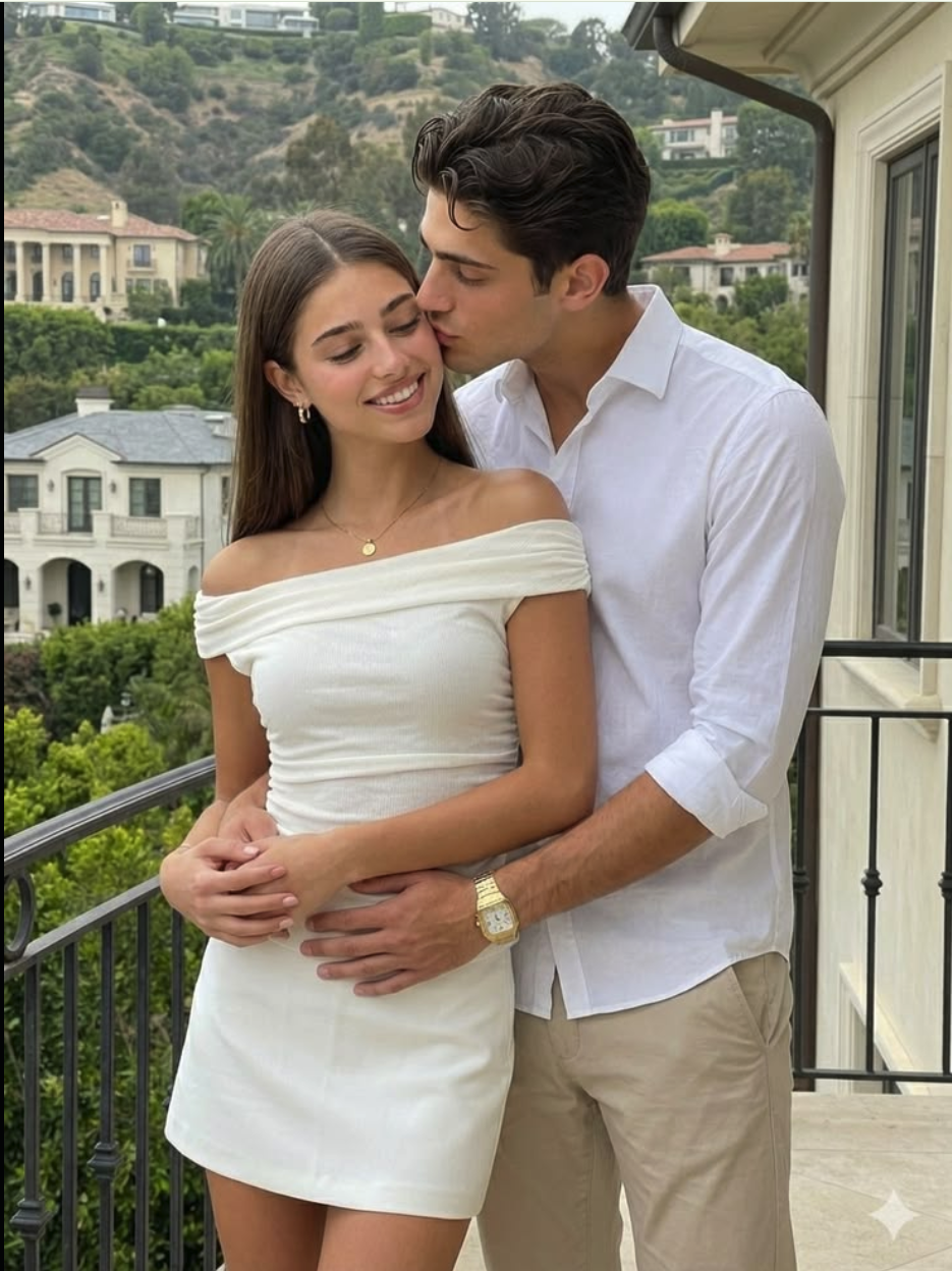A man and a woman resembling embracing on a balcony with hillside mansions behind them.