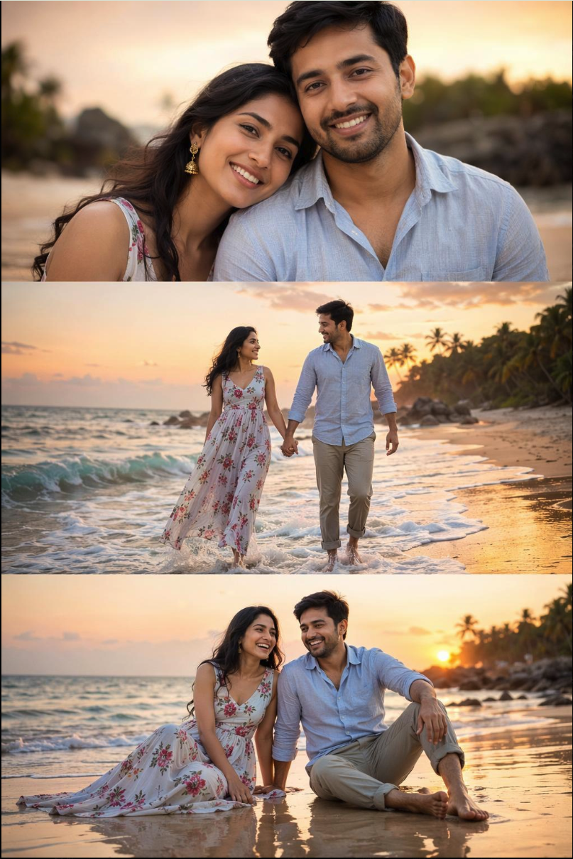 Three-panel composite of a woman in a floral dress and a man in a blue shirt on a beach at sunset.