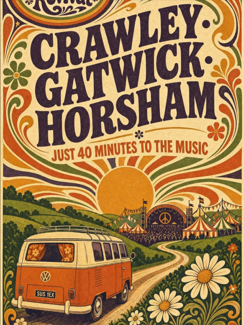 Vintage-style psychedelic music festival poster reading 'Crawley, Gatwick, Horsham — Just 40 minutes to the music'.