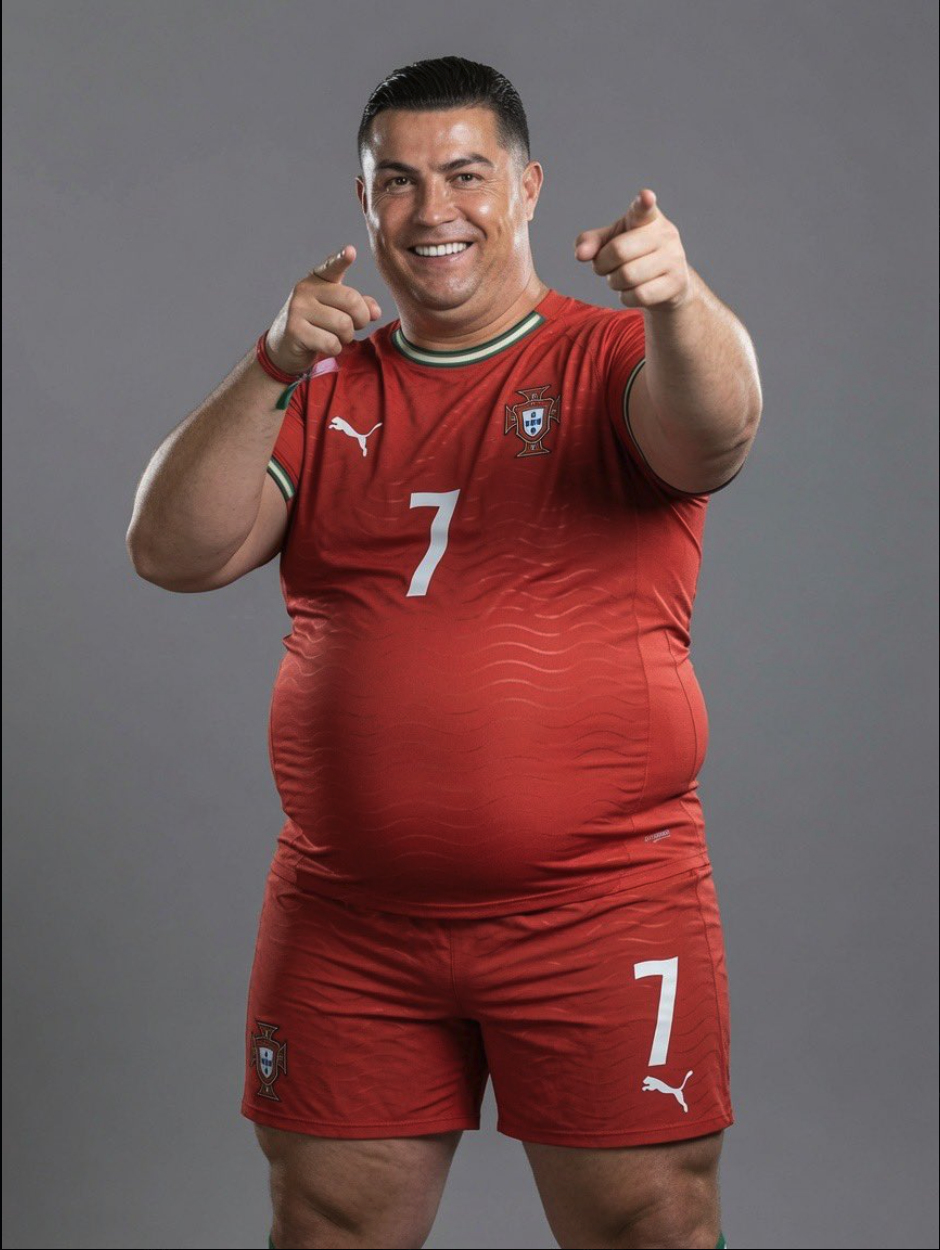 A man resembling Cristiano Ronaldo smiling and pointing forward while wearing a red Portugal number 7 kit.