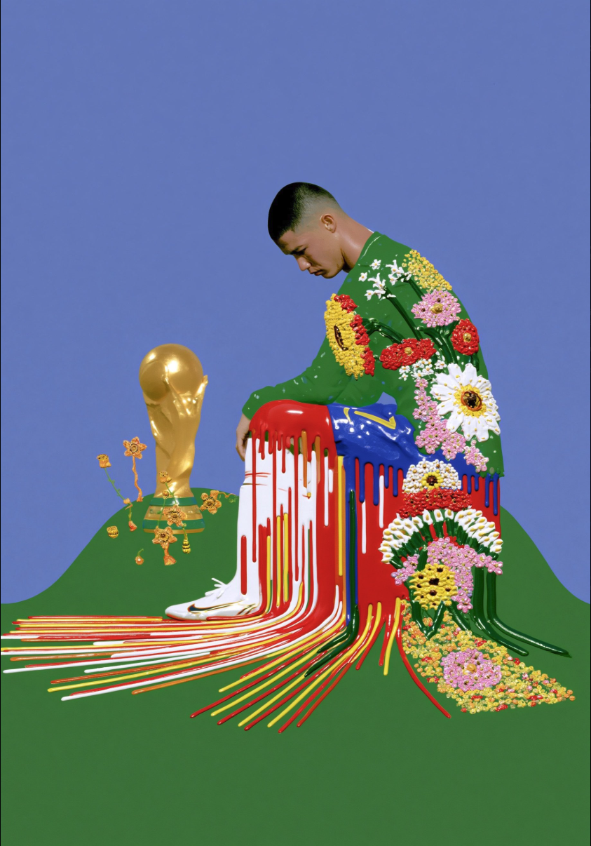 An illustration of a man resembling Cristiano Ronaldo seated beside a golden World Cup trophy, wearing a green floral garment.