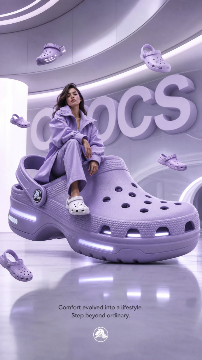 A woman in a purple jacket seated on a giant purple Crocs clog inside a glossy purple studio with large CROCS lettering.