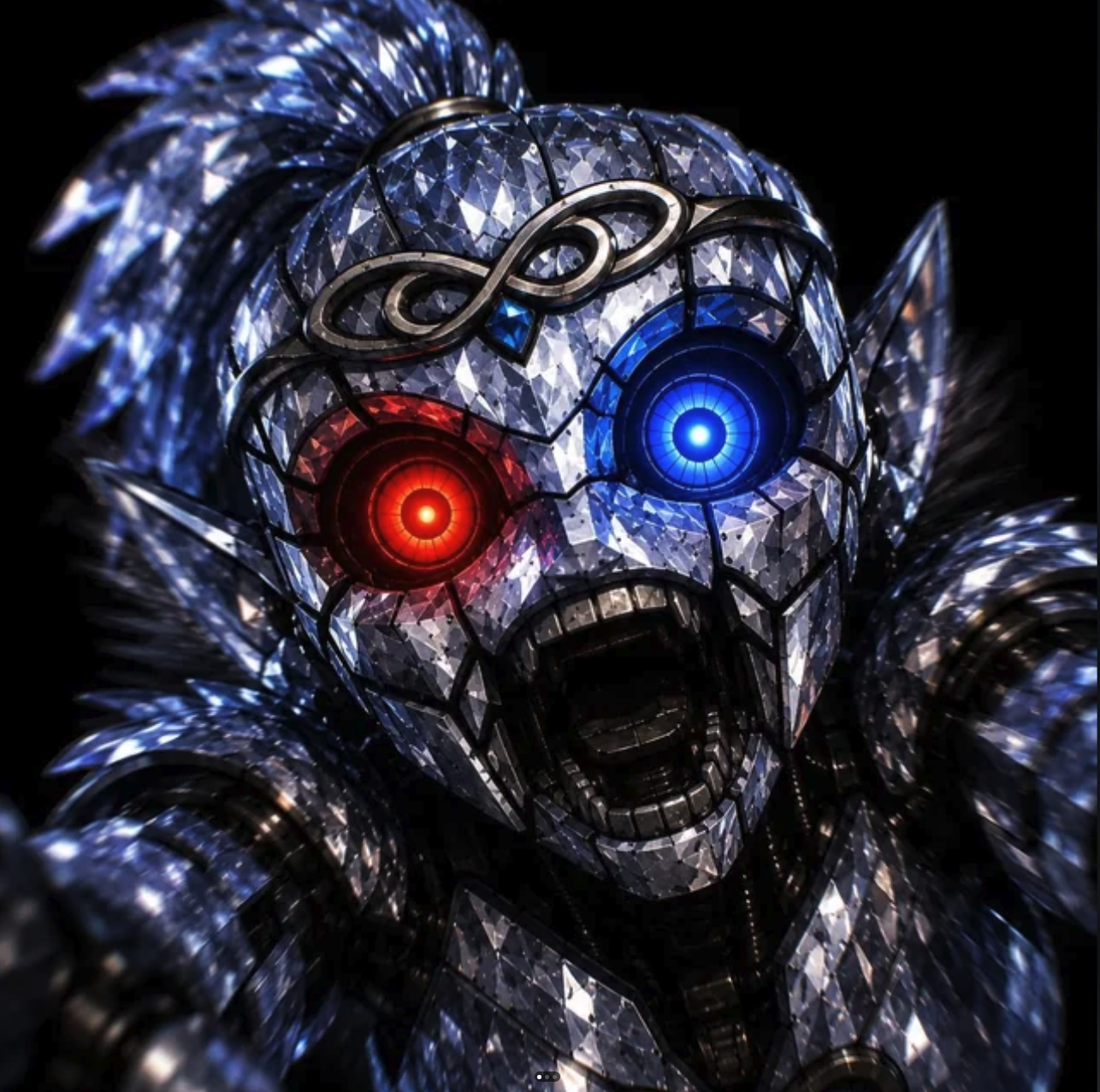 An AI-generated crystalline creature with a metallic infinity symbol on its forehead, one glowing red eye and one glowing blue eye.