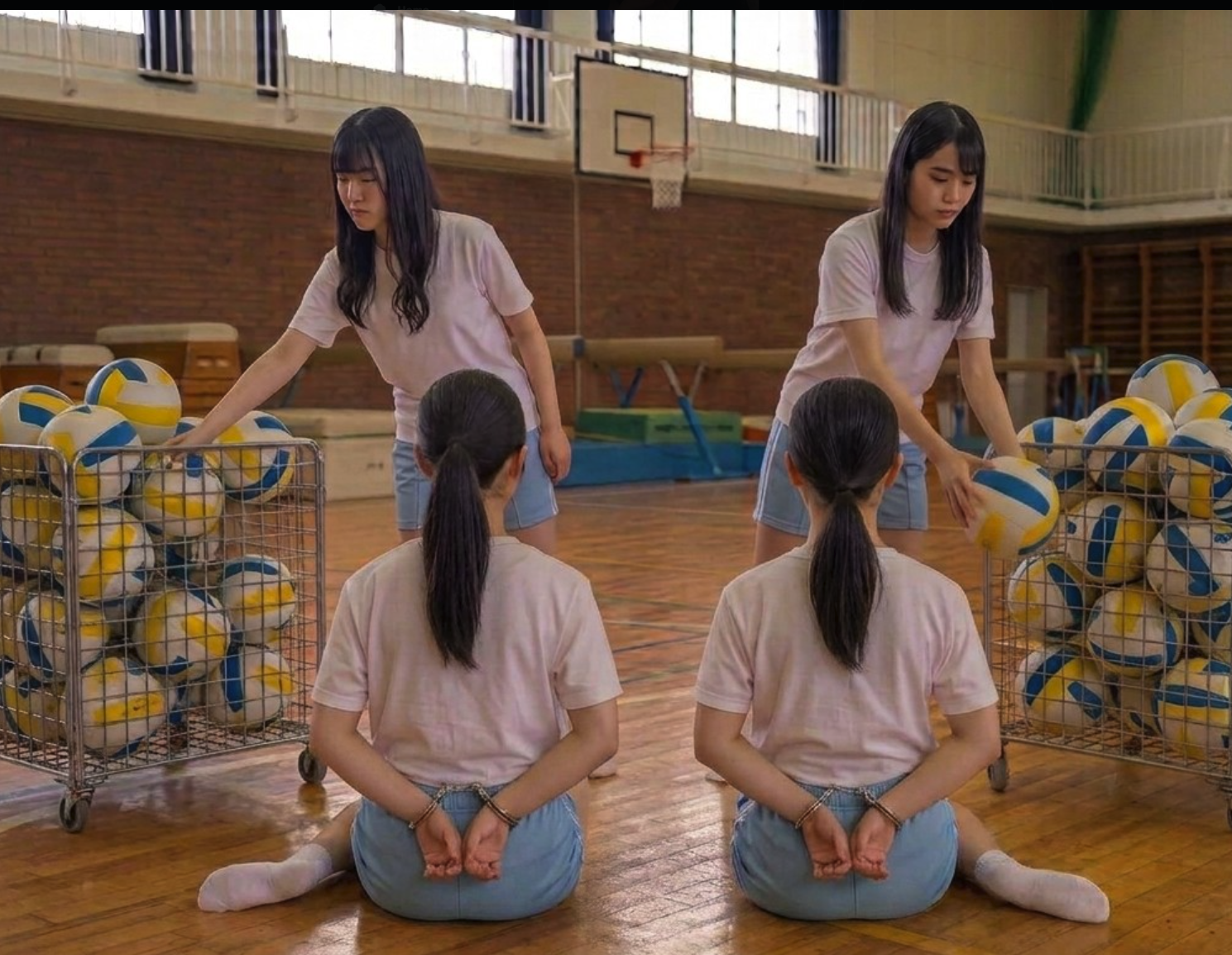 Four young women in pink shirts in a gymnasium, two standing by volleyball carts and two seated on the floor with hands cuffed behind their backs.