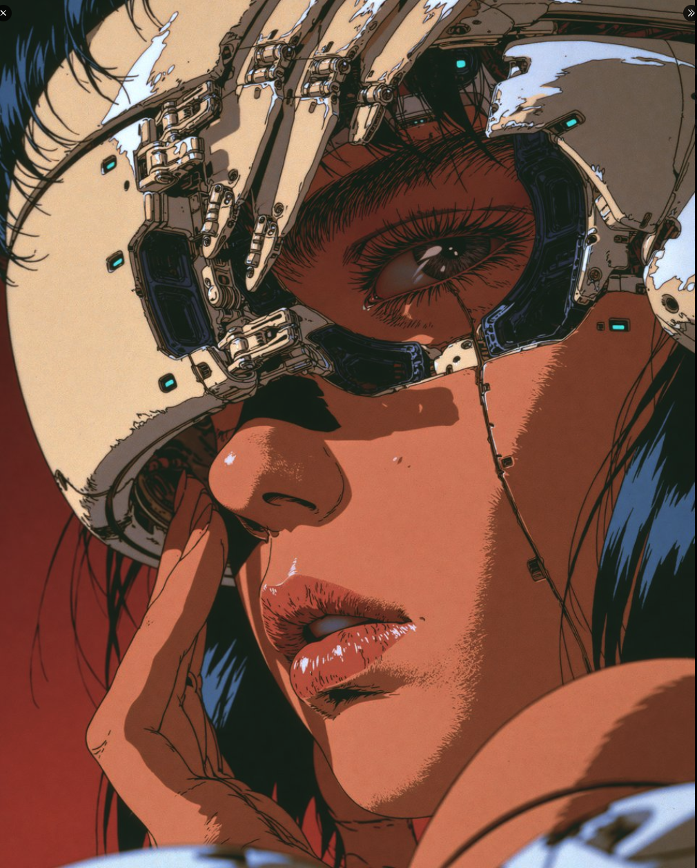 An illustrated close-up portrait of a woman with mechanical and cybernetic components covering part of her face.