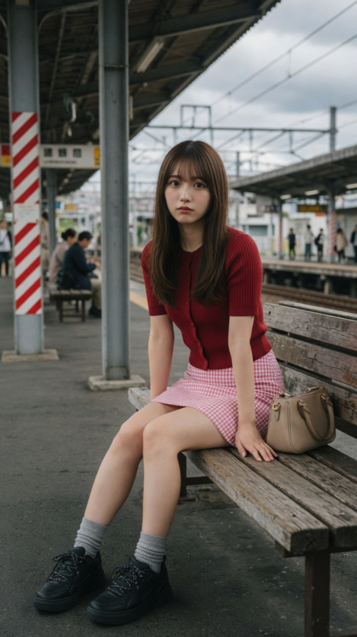 A young woman seated on a wooden bench at a train platform, wearing a red cardigan and gingham skirt.