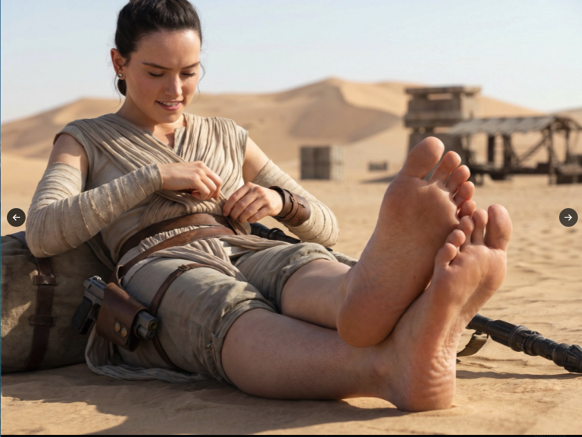 A woman resembling Daisy Ridley seated in desert sand with bare feet in the foreground, wearing wrapped beige clothing and a utility belt.