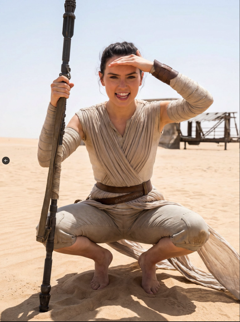 A woman resembling Daisy Ridley in Rey-style desert attire, crouching on sand and holding a staff weapon.