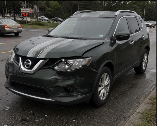 A dark green Nissan Rogue SUV with visible front bumper damage parked in an asphalt lot.