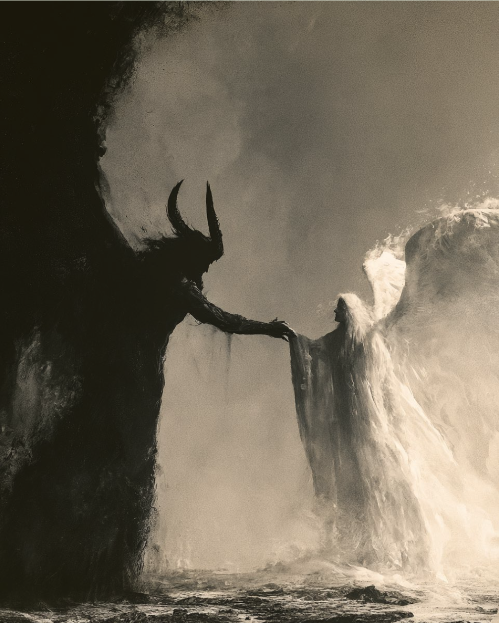 A dark, shadowy horned figure on the left reaches toward a luminous, white-haired winged figure on the right in a moody monochromatic painting.