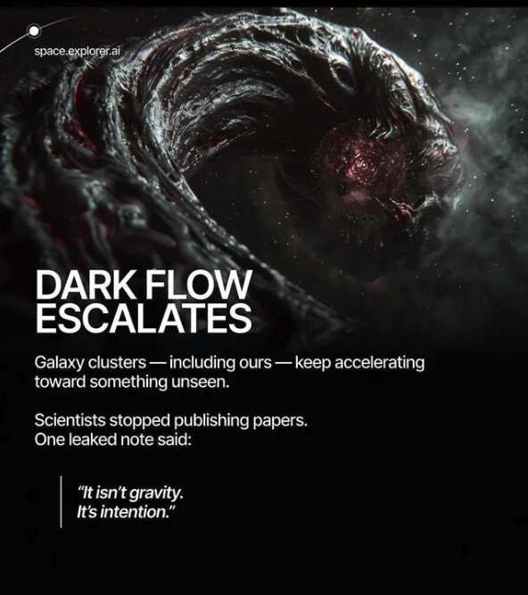 A dark cosmic creature silhouette against a starry background with overlaid text reading 'Dark Flow Escalates.'